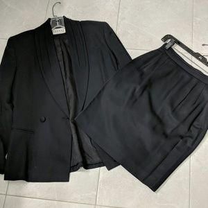 Black pleated collar jacket and matching skirt
